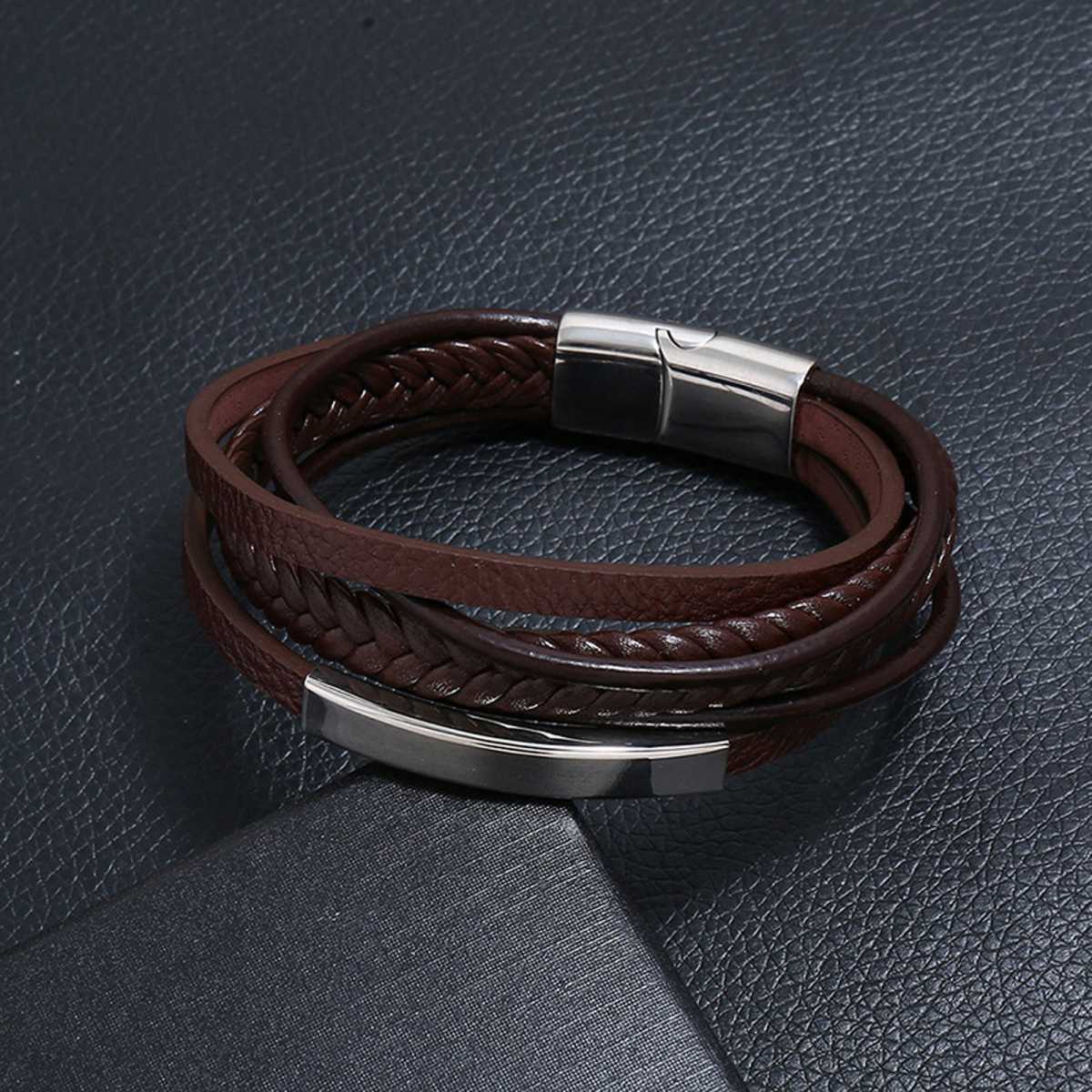 Engravable Braided Leather Men Bracelet